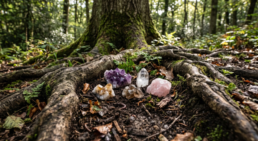 Kamienie naturalne ułożone w ziemi obok korzeni drzewa na łonie natury